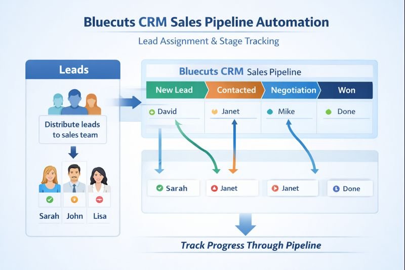 Bluecuts CRM sales pipeline automation with lead assignment and stage tracking.