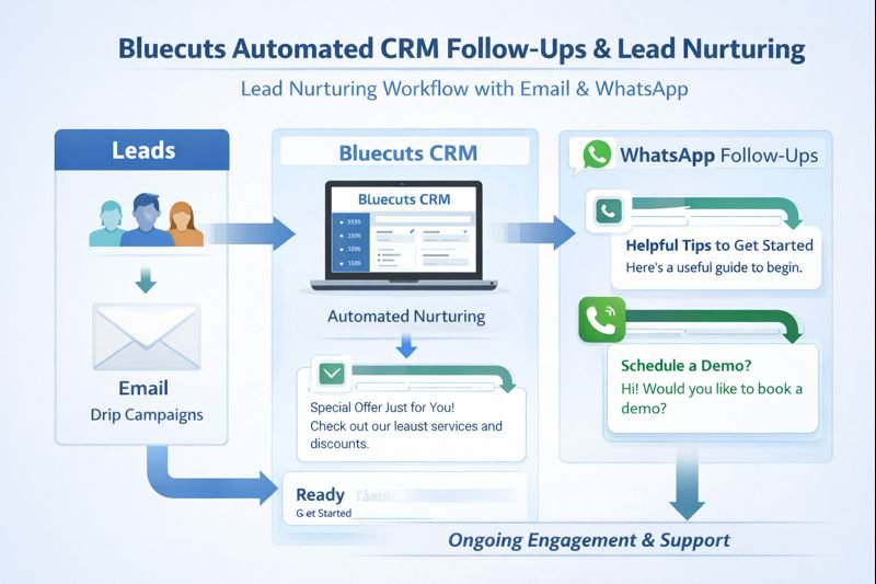 Bluecuts automated CRM follow-ups and lead nurturing workflow using email and WhatsApp.