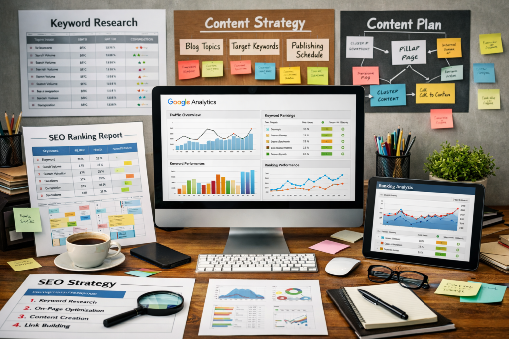 SEO ranking strategy planning with keyword research and website ranking analysis