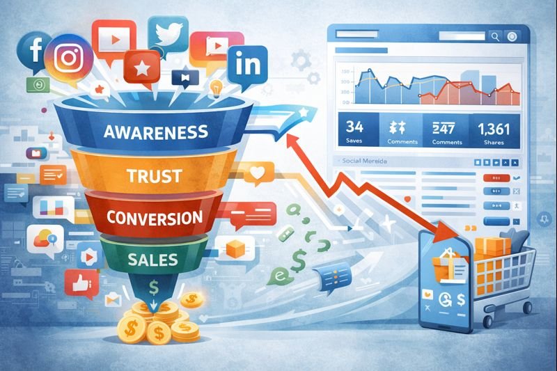 Social media funnels showing how content converts into sales through a structured digital marketing funnel