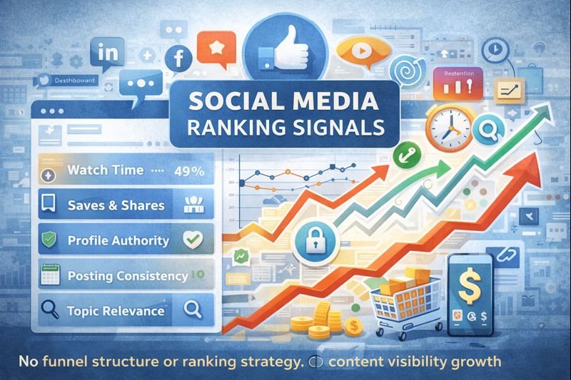 Social media ranking signals including engagement metrics, algorithm performance, and content visibility growth