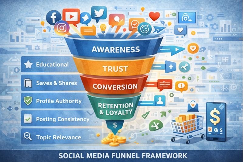 Social media funnel framework showing awareness, trust, conversion, and retention stages