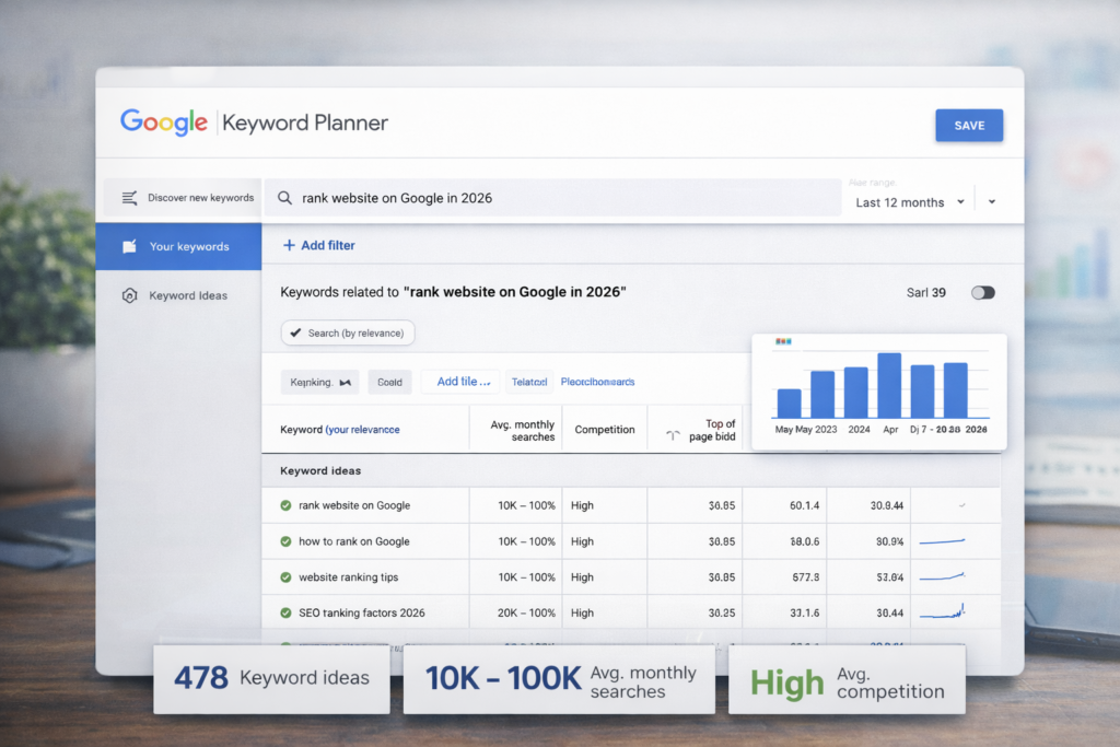 Google Keyword Planner keyword research for SEO ranking 2026. 